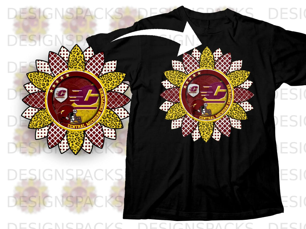 Black t-shirt with a sunflower design featuring "Central Michigan Chippewas."