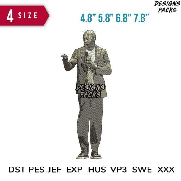 Embroidery design of man speaking into mic, available in 4 sizes & formats like PES, DST, EXP for instant download