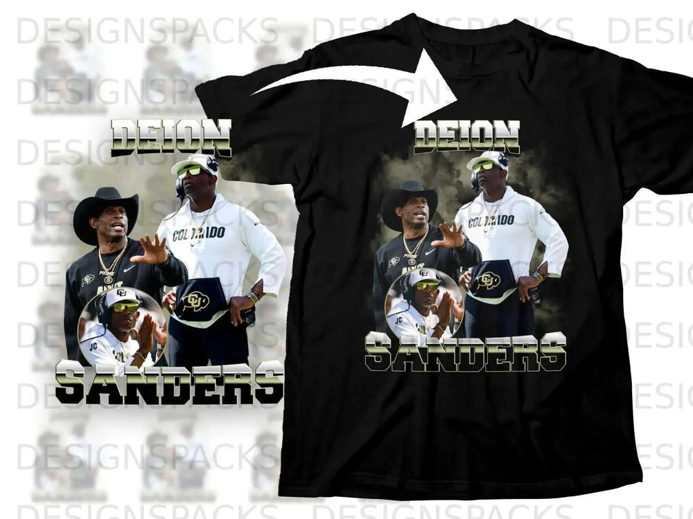 Deion Sanders in Colorado apparel with "PRIME" and "SANDERS" text.