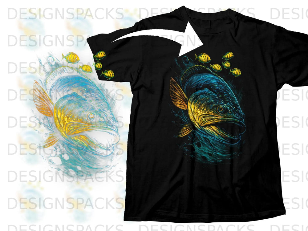 Black t-shirt with a graphic of a large fish and smaller fish.