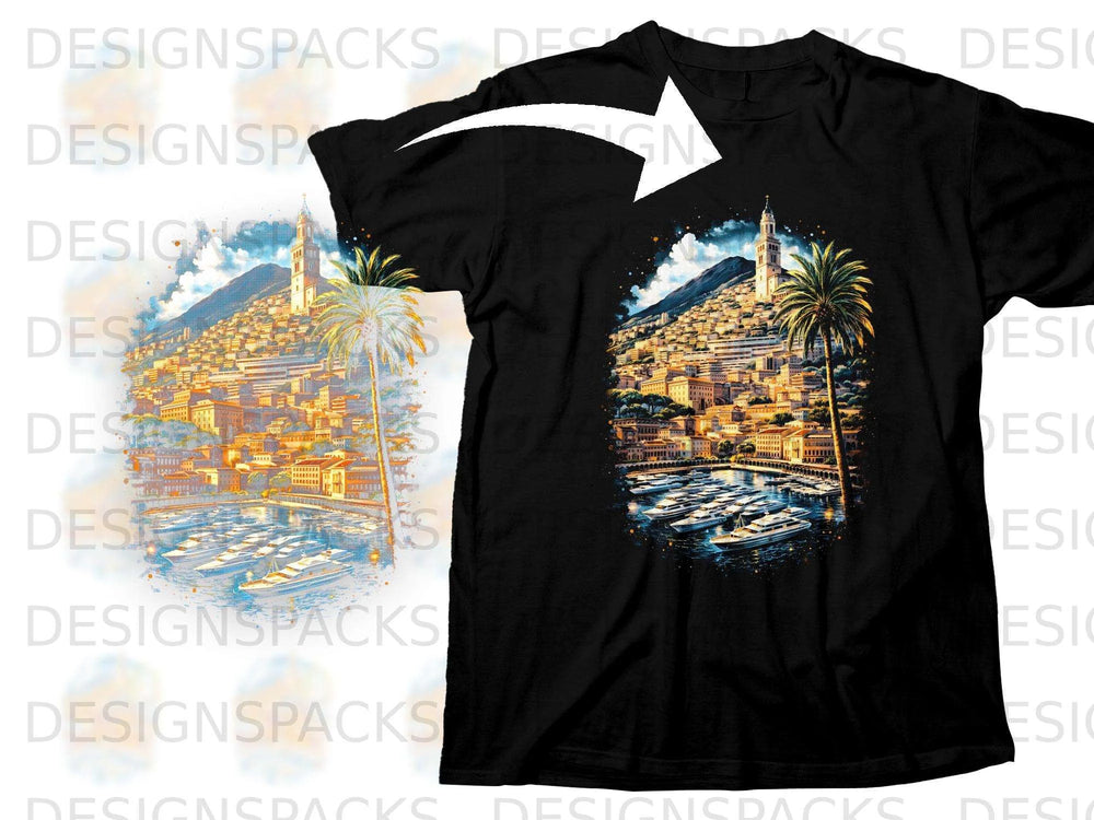 Black t-shirt with watercolor print of a coastal town with yachts and palm trees.