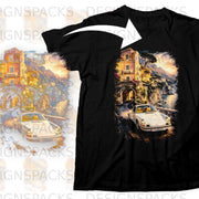 Black t-shirt with a white Porsche 911 driving down a scenic coastal road.