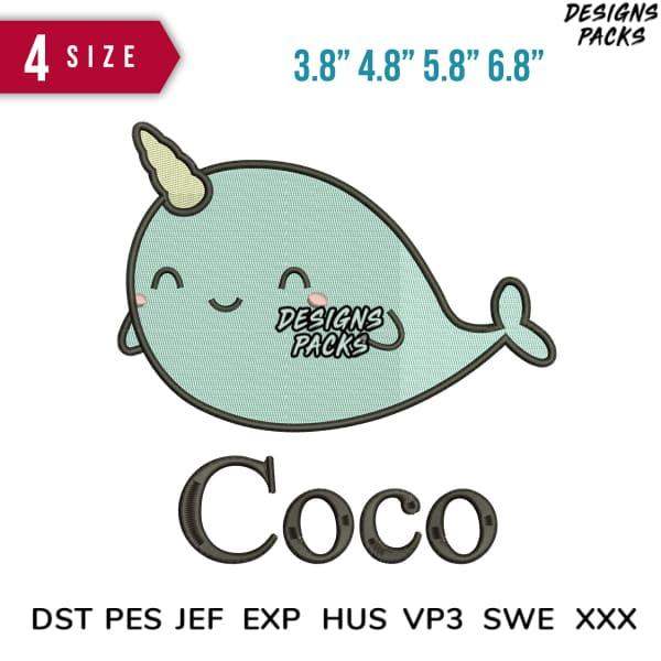 Cute narwhal embroidery design in 4 sizes, available in DST PES JEF formats for instant download.