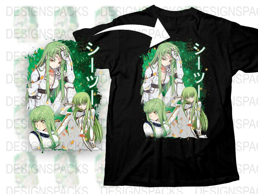 Anime Girl T-Shirt, Green Hair Magical Girl, Sparkling Stars, Youthful Manga Design, Black Tee, Unisex Fashion
