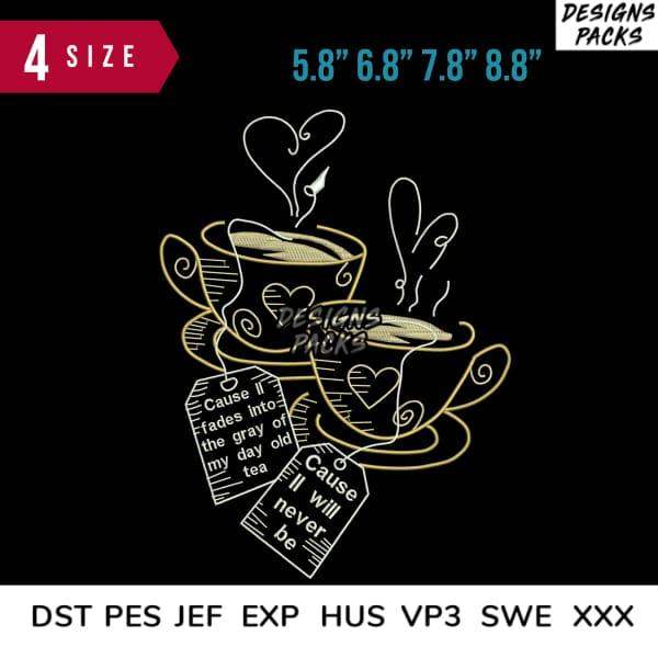 Embroidery design of tea cups with heart steam and tea tags, available in multiple sizes and formats.