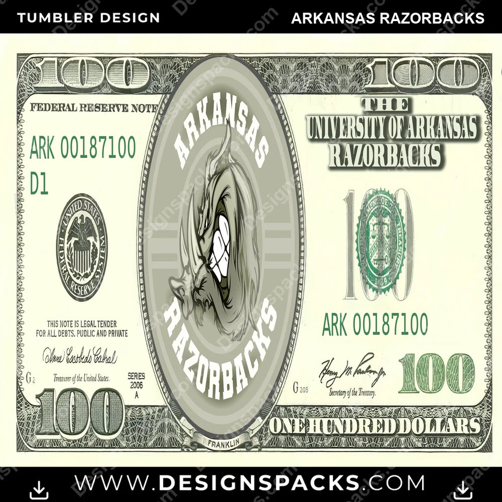 College Sport 100 Dollar Bill Arkansas Razorbacks NCAA College Sport Tumbler Digital Wrap Design Download