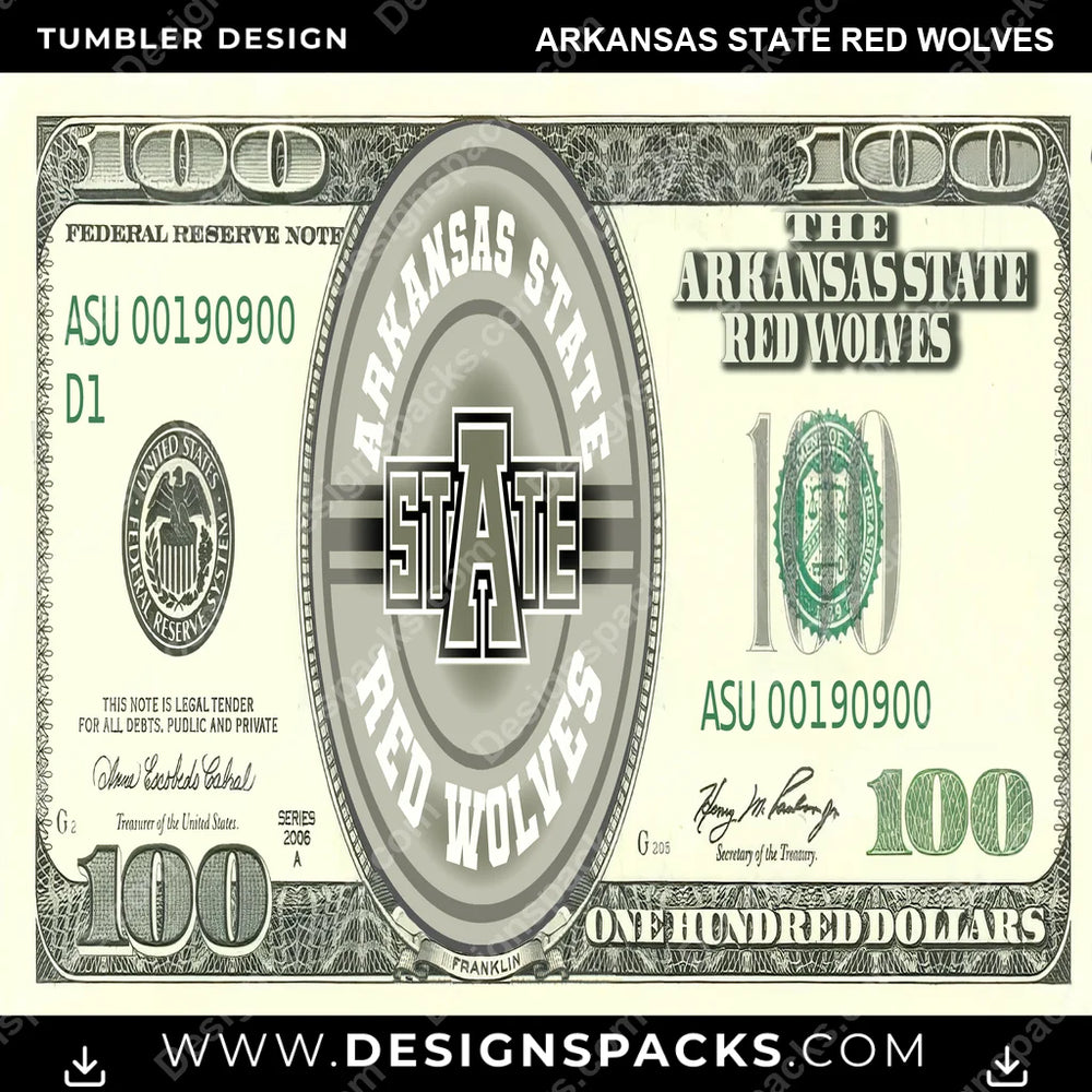 College Sport 100 Dollar Bill Arkansas State Red Wolves NCAA College Sport Tumbler Digital Wrap Design Download