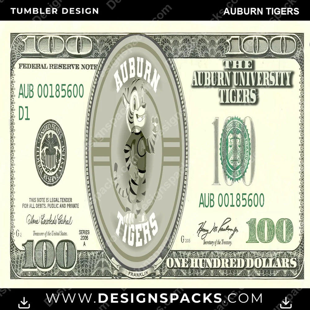 College Sport 100 Dollar Bill Auburn Tigers NCAA College Sport Tumbler Digital Wrap Design Download