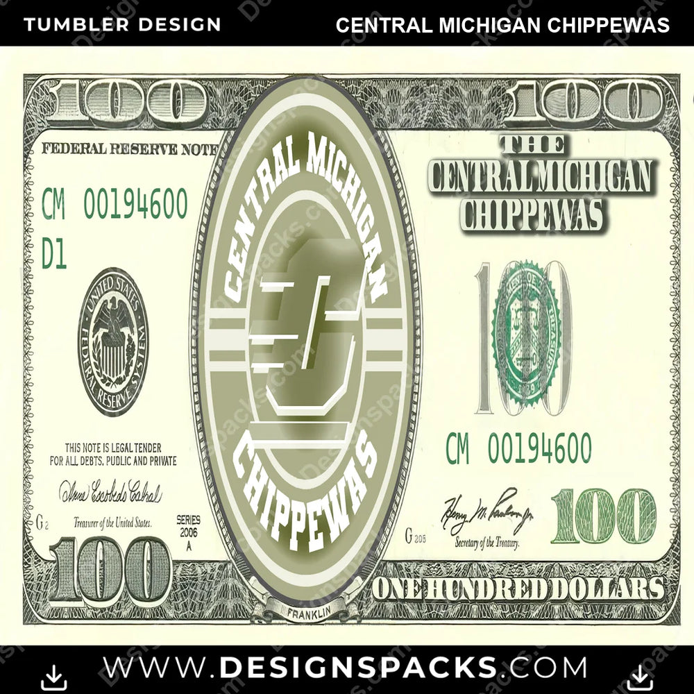College Sport 100 Dollar Bill Central Michigan Chippewas NCAA College Sport Tumbler Digital Wrap Design Download