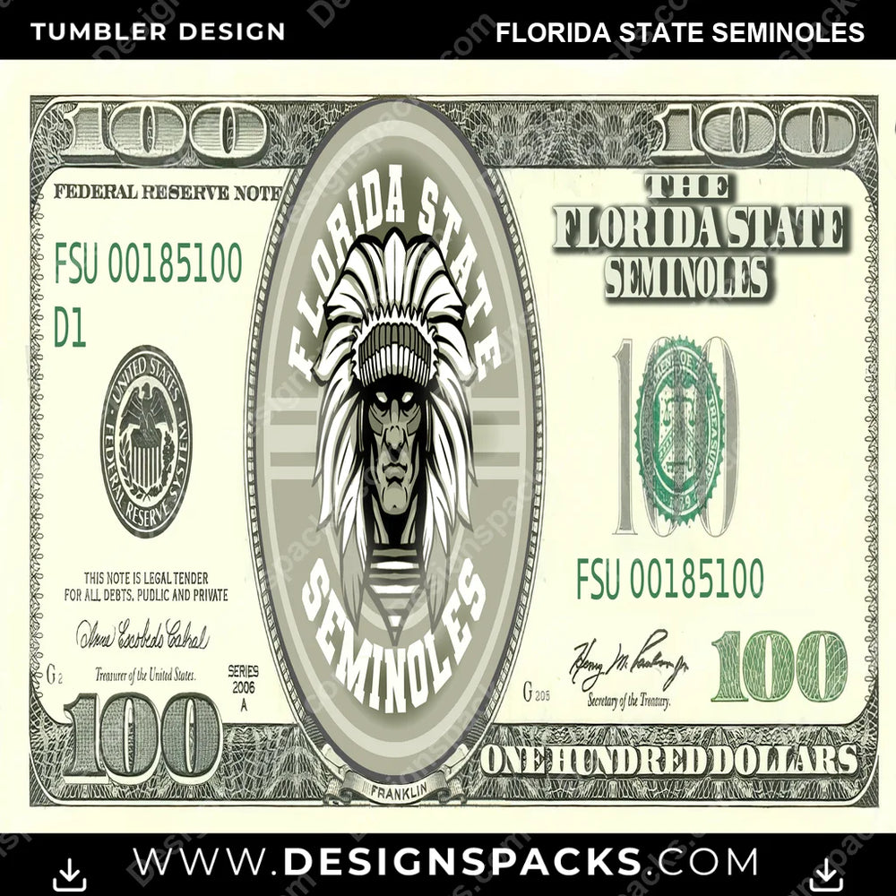 College Sport 100 Dollar Bill Florida State Seminoles NCAA College Sport Tumbler Digital Wrap Design Download