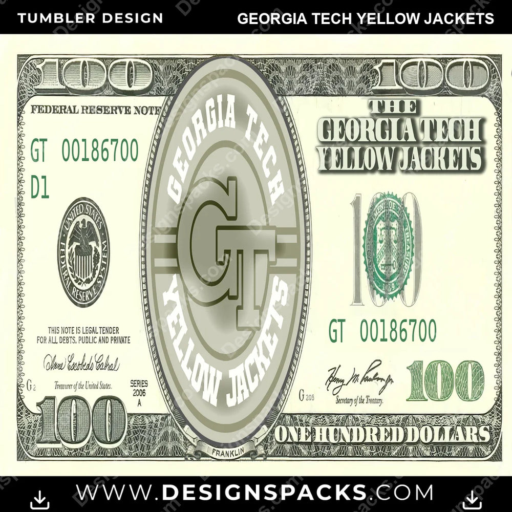 College Sport 100 Dollar Bill Georgia Tech Yellow Jackets NCAA College Sport Tumbler Digital Wrap Design Download