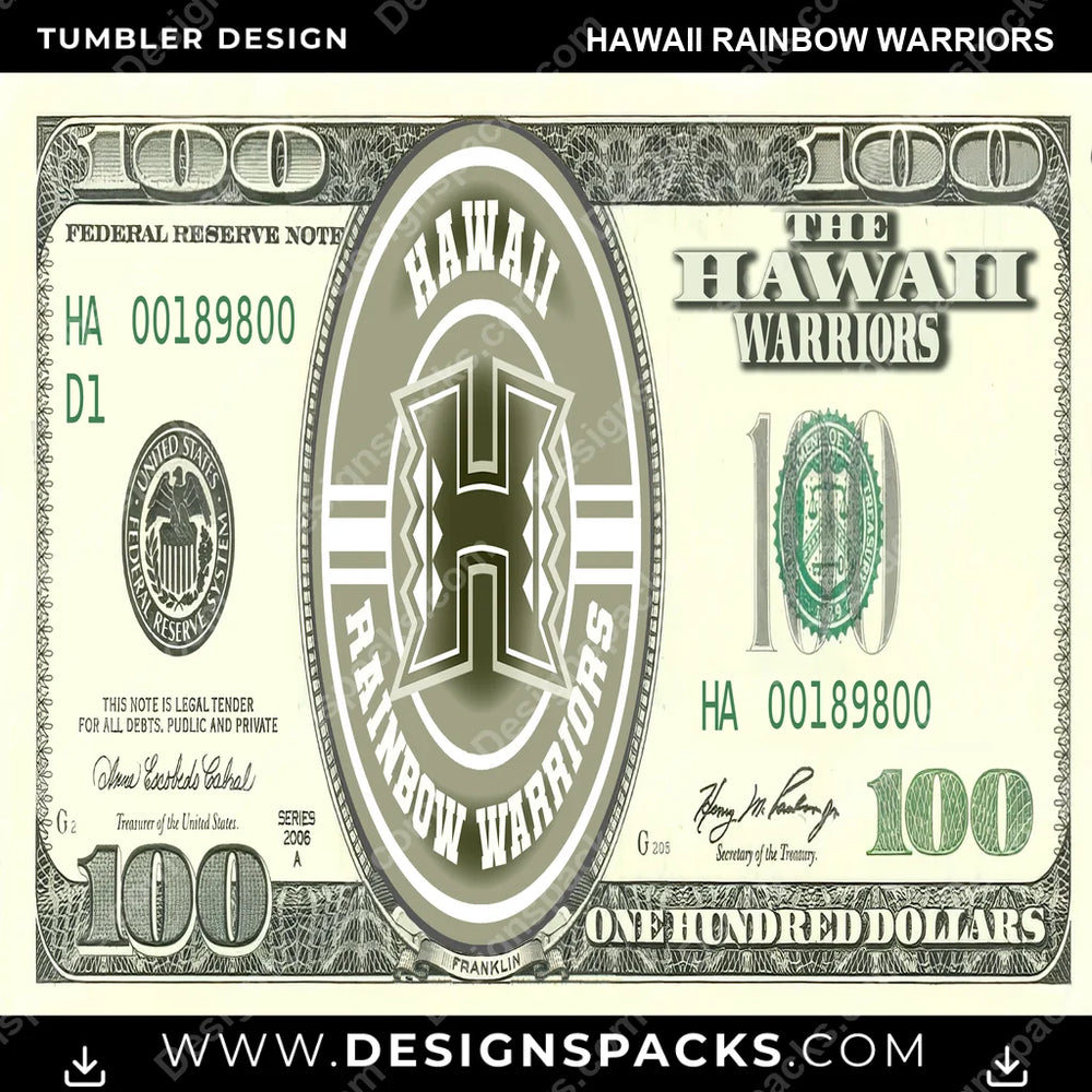 College Sport 100 Dollar Bill Hawaii Rainbow Warriors NCAA College Sport Tumbler Digital Wrap Design Download