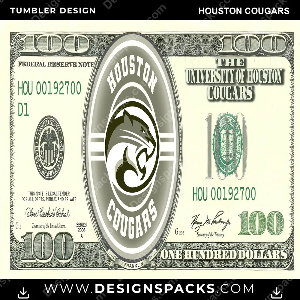 College Sport 100 Dollar Bill Houston Cougars NCAA College Sport Tumbler Digital Wrap Design Download