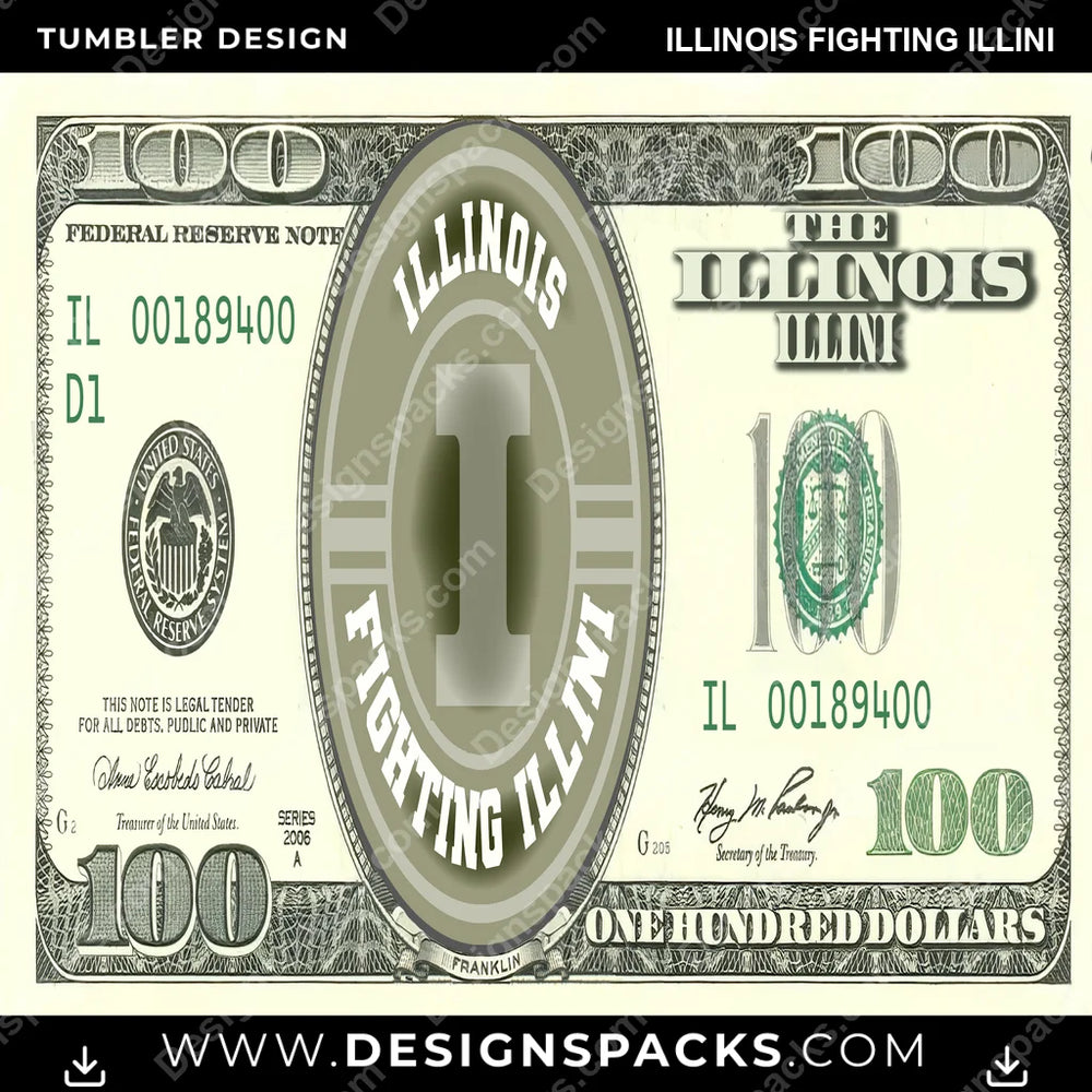 College Sport 100 Dollar Bill Illinois Fighting Illini NCAA College Sport Tumbler Digital Wrap Design Download