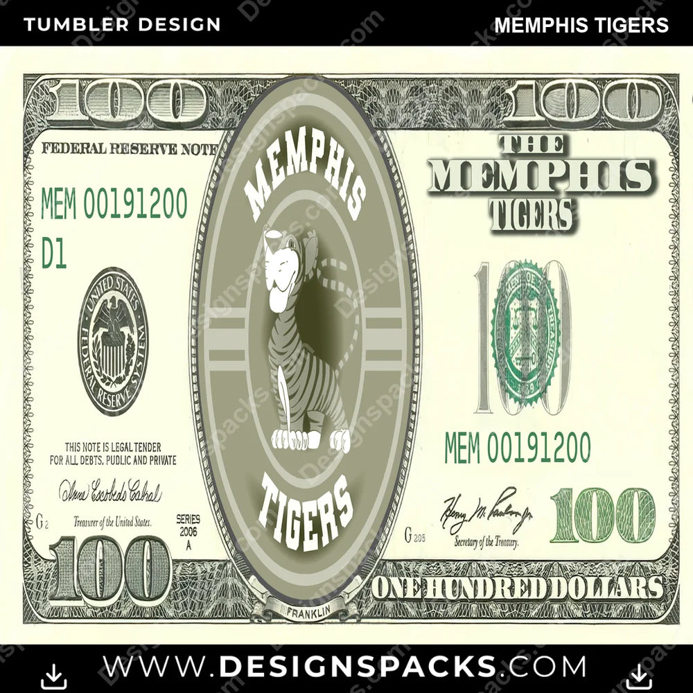 College Sport 100 Dollar Bill Memphis Tigers NCAA College Sport Tumbler Digital Wrap Design Download