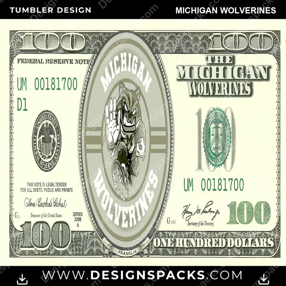 College Sport 100 Dollar Bill Michigan Wolverines NCAA College Sport Tumbler Digital Wrap Design Download