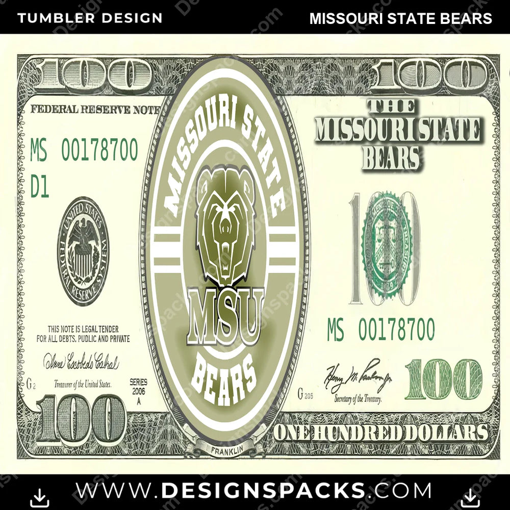 College Sport 100 Dollar Bill Missouri State Bears NCAA College Sport Tumbler Digital Wrap Design Download