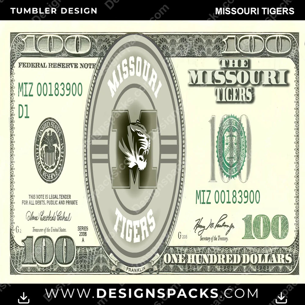 College Sport 100 Dollar Bill Missouri Tigers NCAA College Sport Tumbler Digital Wrap Design Download