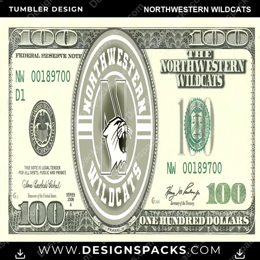 College Sport 100 Dollar Bill Northwestern Wildcats NCAA College Sport Tumbler Digital Wrap Design Download