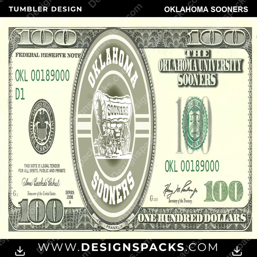 College Sport 100 Dollar Bill Oklahoma Sooners NCAA College Sport Tumbler Digital Wrap Design Download