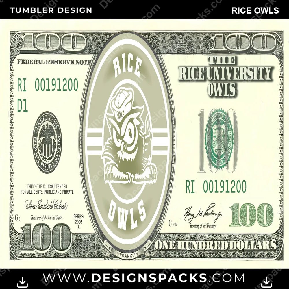 College Sport 100 Dollar Bill Rice Owls NCAA College Sport Tumbler Digital Wrap Design Download