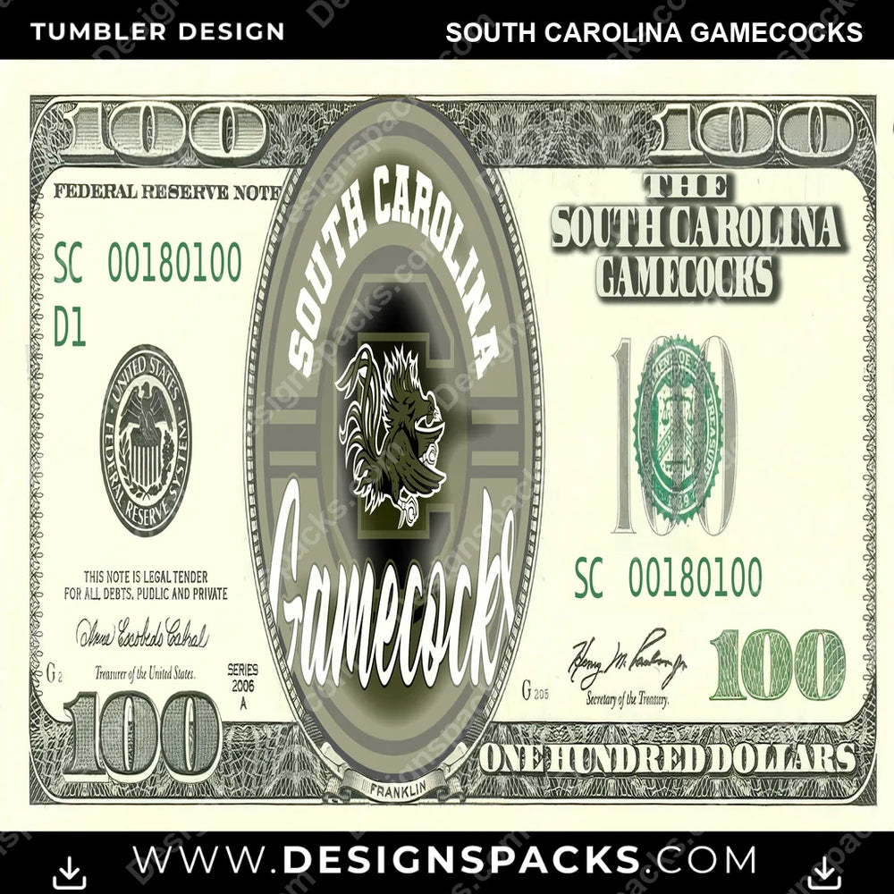 College Sport 100 Dollar Bill South Carolina Gamecocks NCAA College Sport Tumbler Digital Wrap Design Download