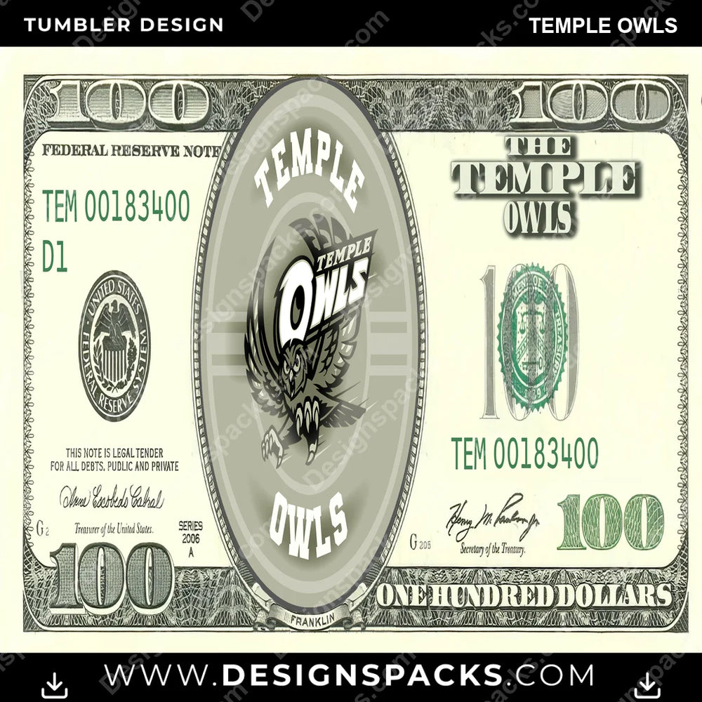 College Sport 100 Dollar Bill Temple Owls NCAA College Sport Tumbler Digital Wrap Design Download