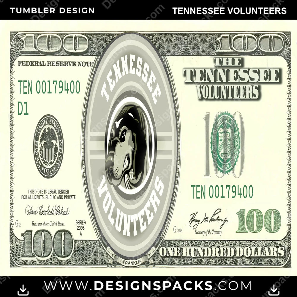 College Sport 100 Dollar Bill Tennessee Volunteers NCAA College Sport Tumbler Digital Wrap Design Download