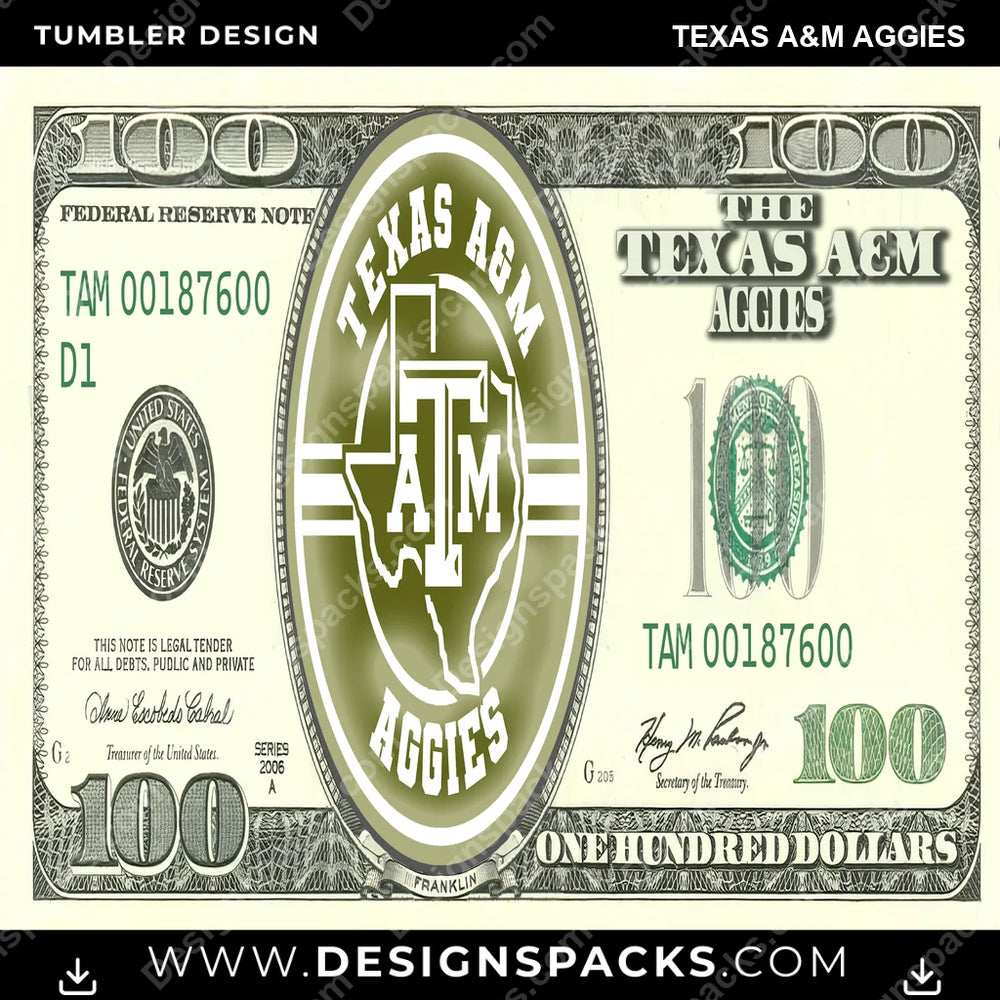 College Sport 100 Dollar Bill Texas A&M Aggies NCAA College Sport Tumbler Digital Wrap Design Download