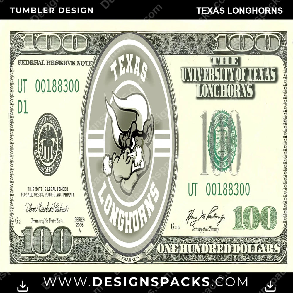 College Sport 100 Dollar Bill Texas Longhorns NCAA College Sport Tumbler Digital Wrap Design Download