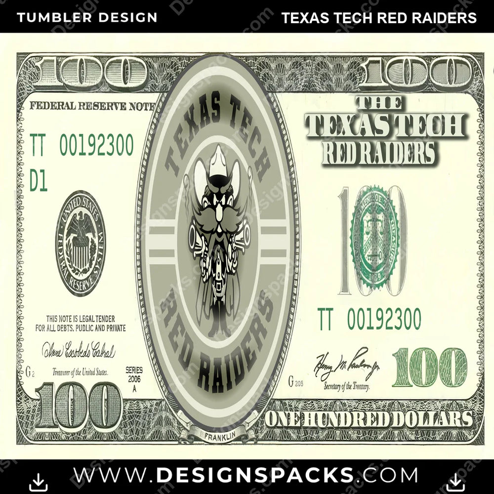 College Sport 100 Dollar Bill Texas Tech Red Raiders NCAA College Sport Tumbler Digital Wrap Design Download