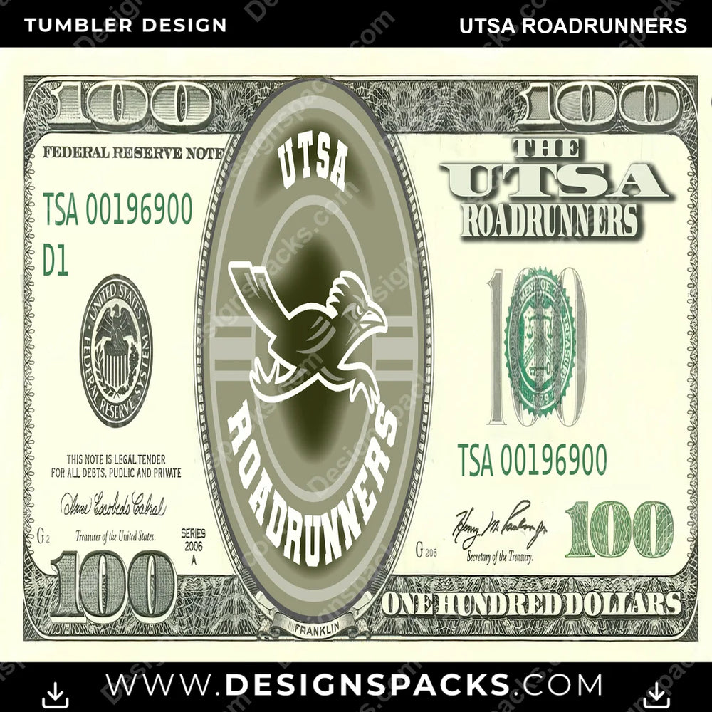 College Sport 100 Dollar Bill UTSA Roadrunners NCAA College Sport Tumbler Digital Wrap Design Download