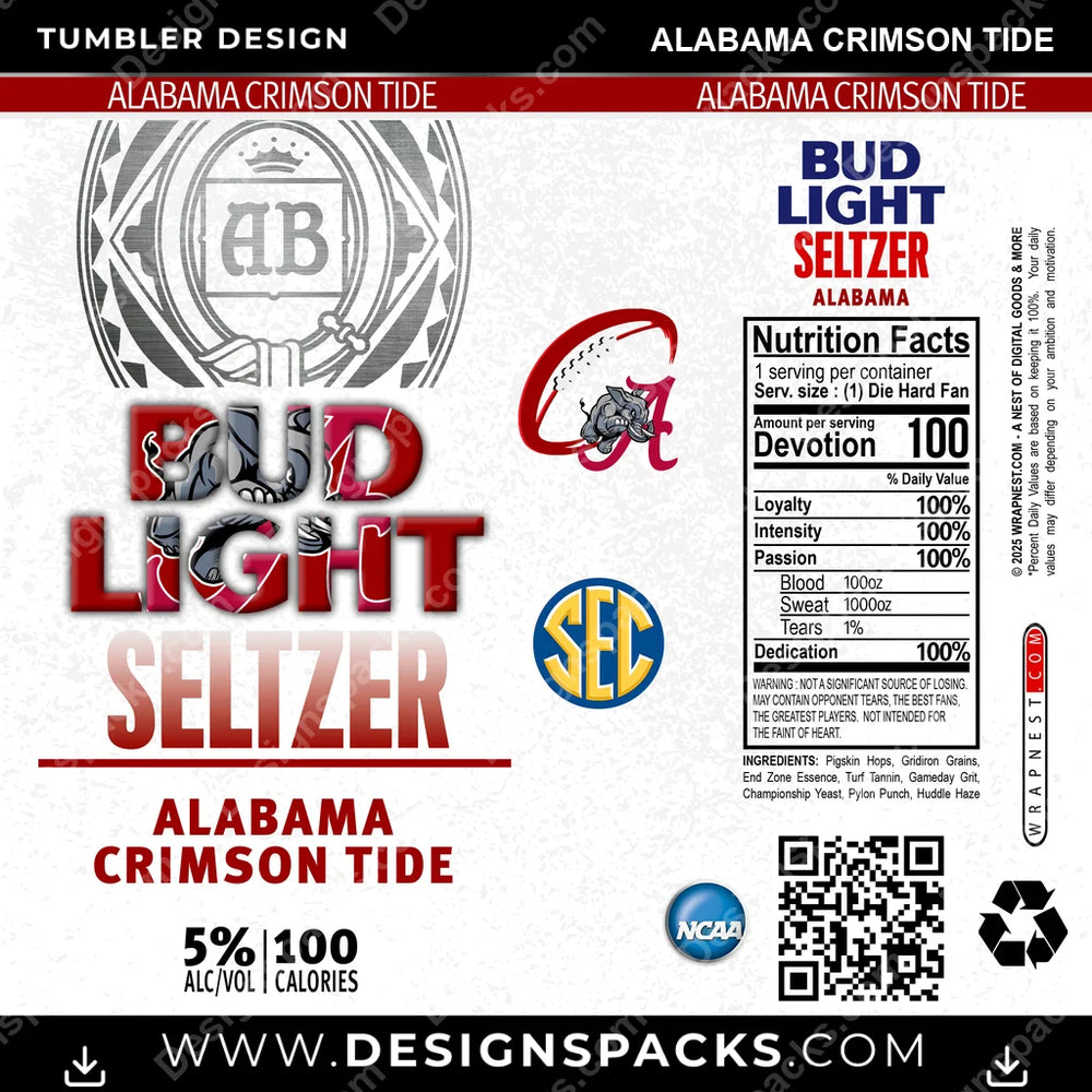 College Sport Bud Light Seltzer Alabama Crimson Tide NCAA College Sport Tumbler Digital Wrap Design Download