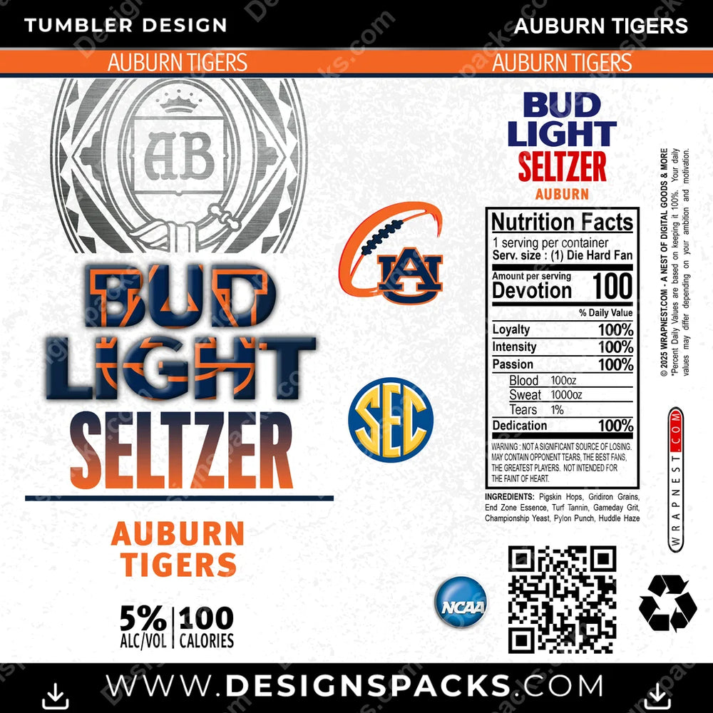 College Sport Bud Light Seltzer Auburn Tigers NCAA College Sport Tumbler Digital Wrap Design Download
