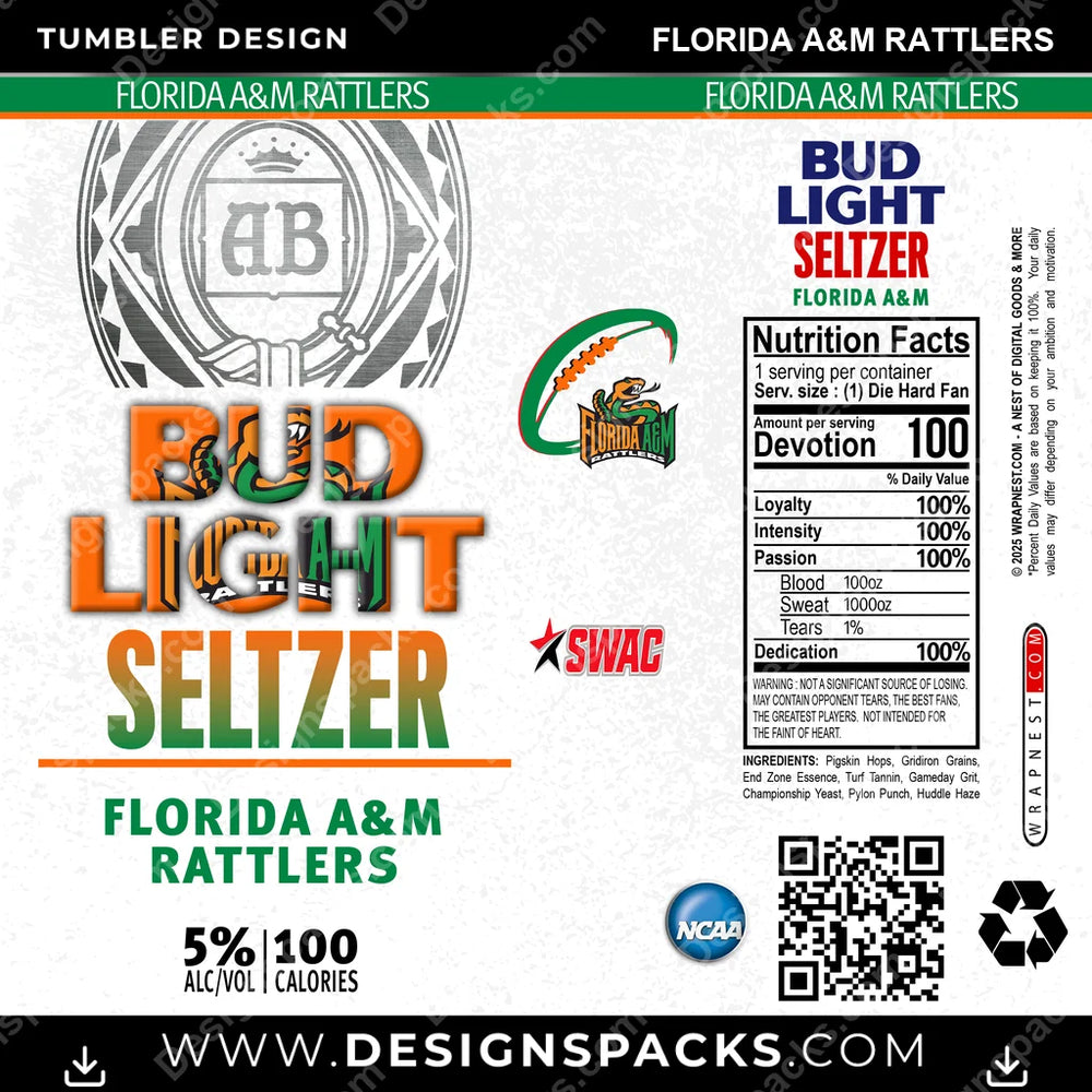 College Sport Bud Light Seltzer Florida A&M Rattlers NCAA College Sport Tumbler Digital Wrap Design Download