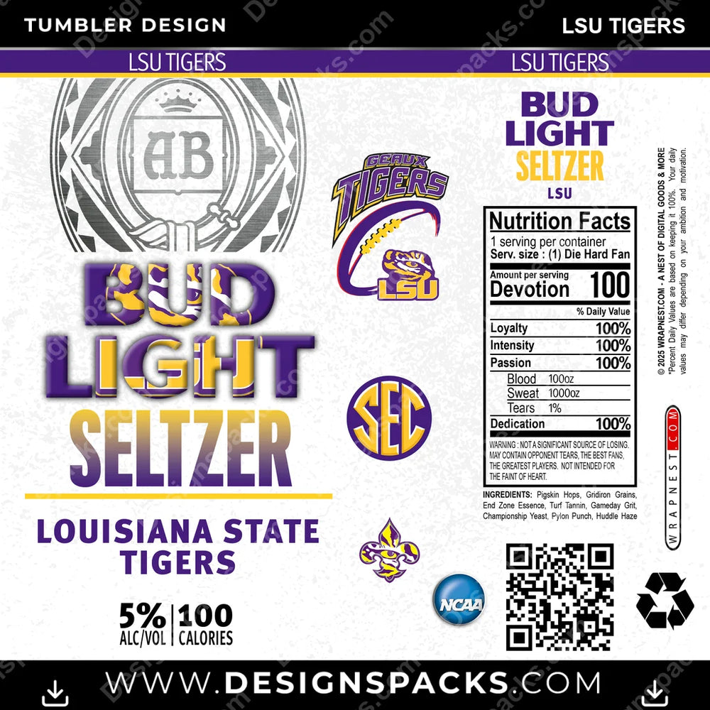 College Sport Bud Light Seltzer LSU Tigers NCAA College Sport Tumbler Digital Wrap Design Download