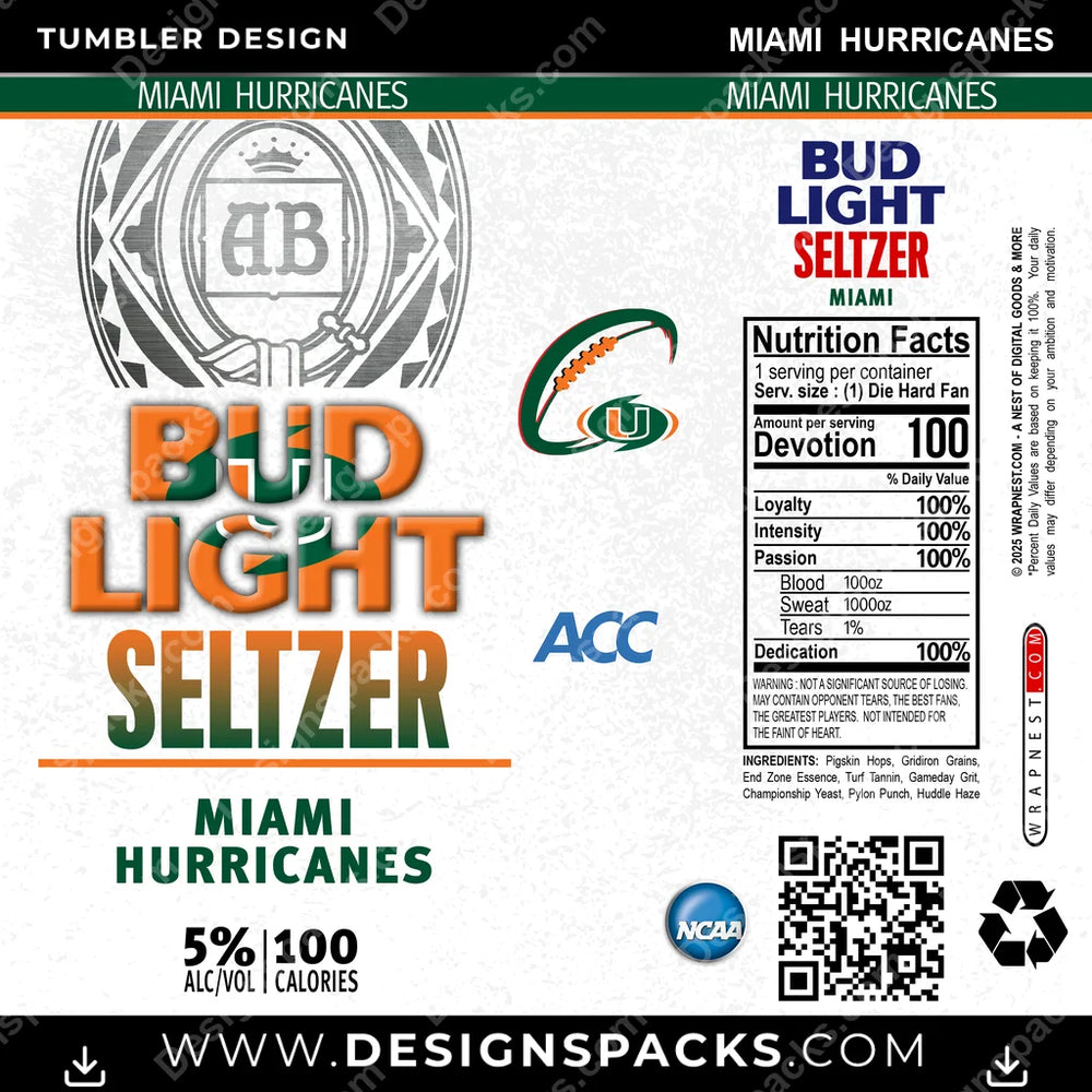 College Sport Bud Light Seltzer Miami Hurricanes NCAA College Sport Tumbler Digital Wrap Design Download