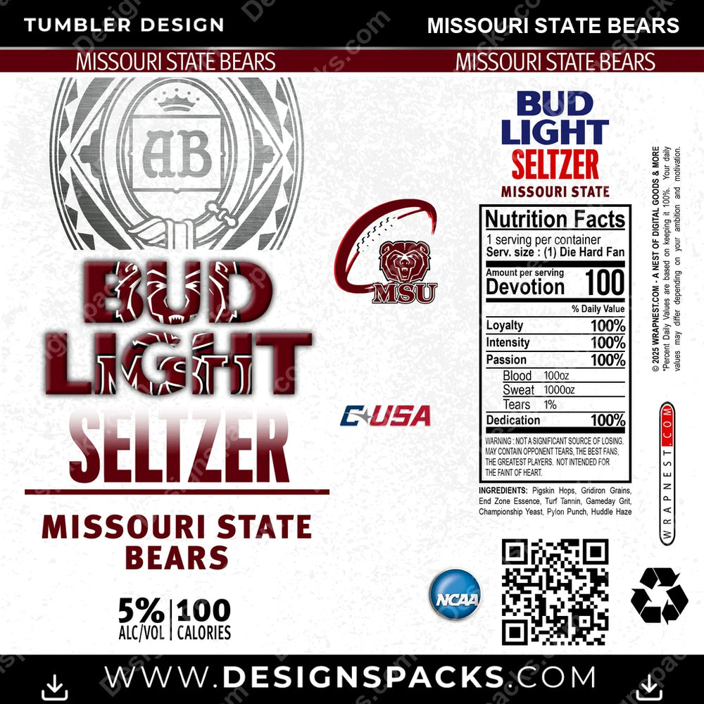 College Sport Bud Light Seltzer Missouri State Bears NCAA College Sport Tumbler Digital Wrap Design Download