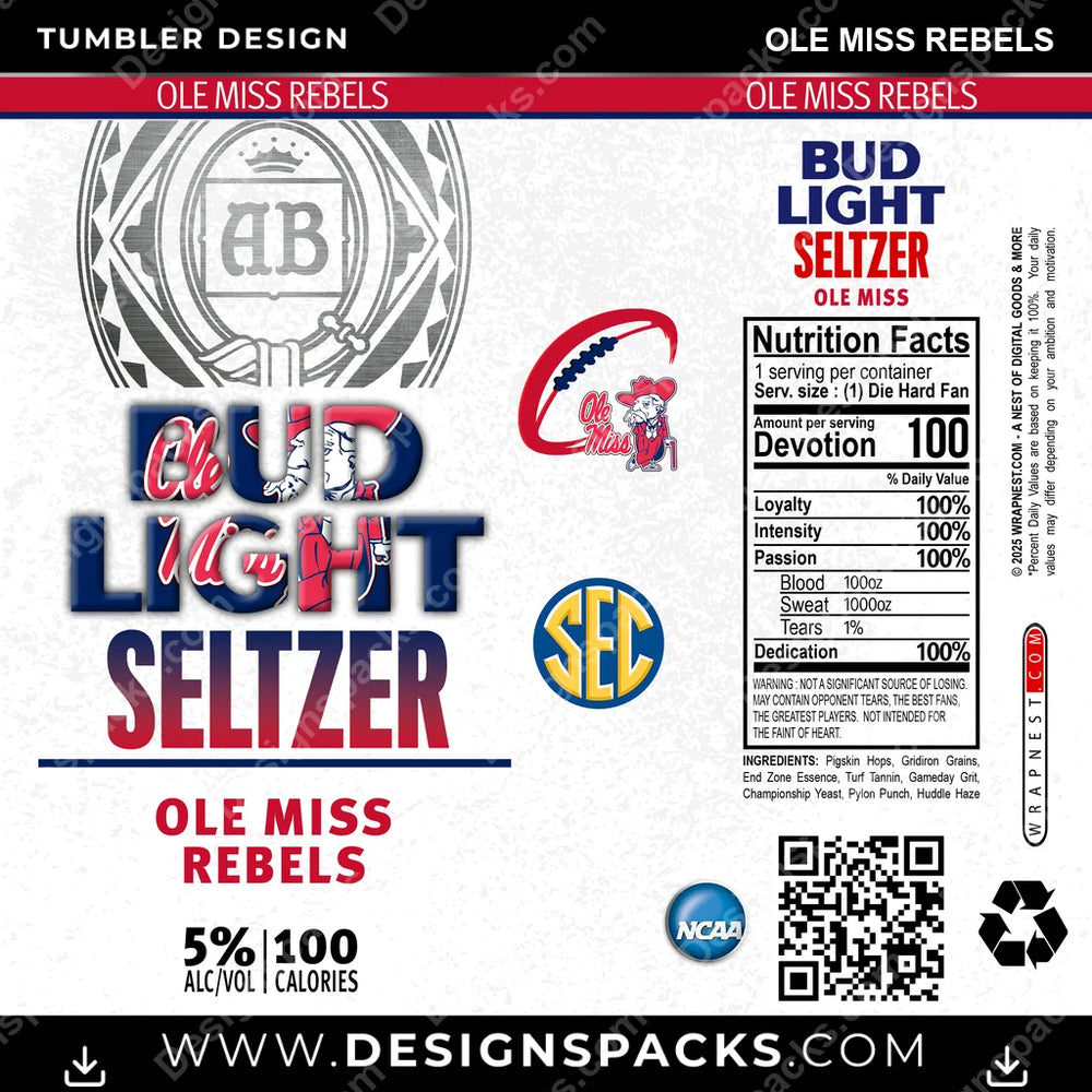 College Sport Bud Light Seltzer Ole Miss Rebels NCAA College Sport Tumbler Digital Wrap Design Download