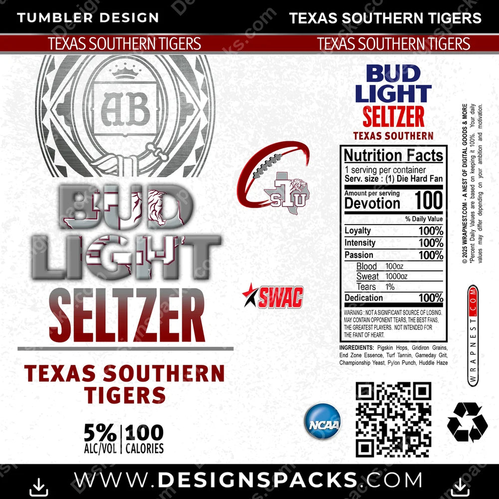 College Sport Bud Light Seltzer Texas Southern Tigers NCAA College Sport Tumbler Digital Wrap Design Download