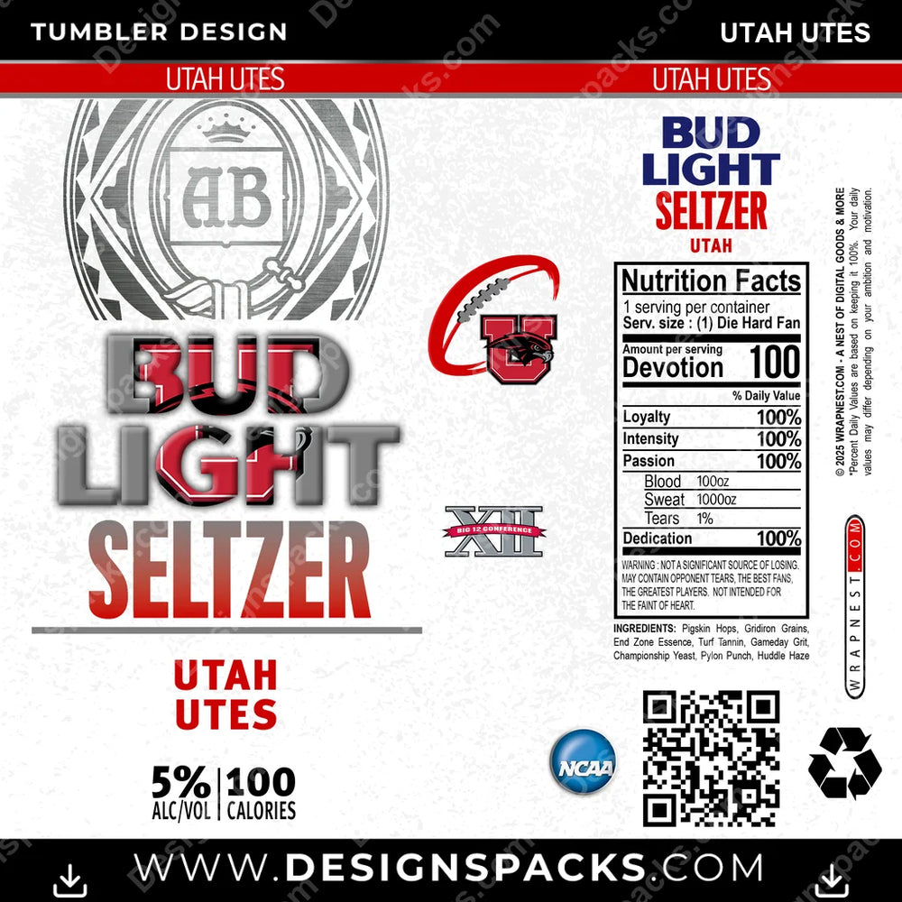 College Sport Bud Light Seltzer Utah Utes NCAA College Sport Tumbler Digital Wrap Design Download