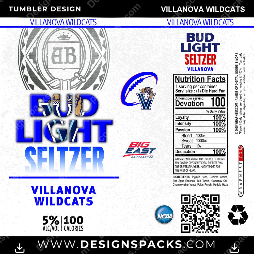 College Sport Bud Light Seltzer Villanova Wildcats NCAA College Sport Tumbler Digital Wrap Design Download