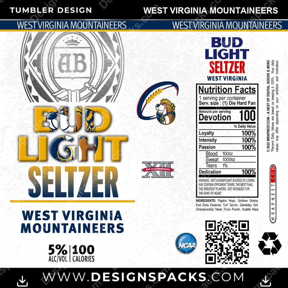 College Sport Bud Light Seltzer West Virginia Mountaineers NCAA College Sport Tumbler Digital Wrap Design Download