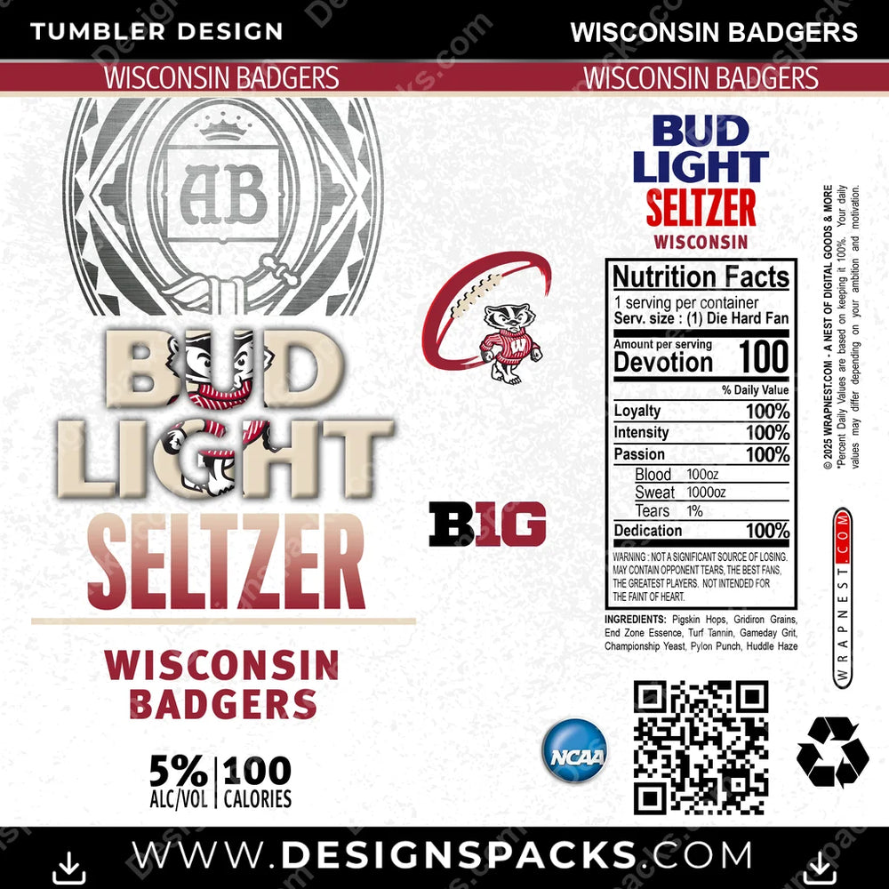 College Sport Bud Light Seltzer Wisconsin Badgers NCAA College Sport Tumbler Digital Wrap Design Download