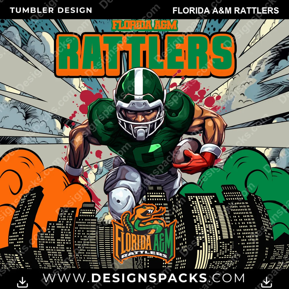 College Sport Comic Cover Florida A&M Rattlers NCAA College Sport Tumbler Digital Wrap Design Download