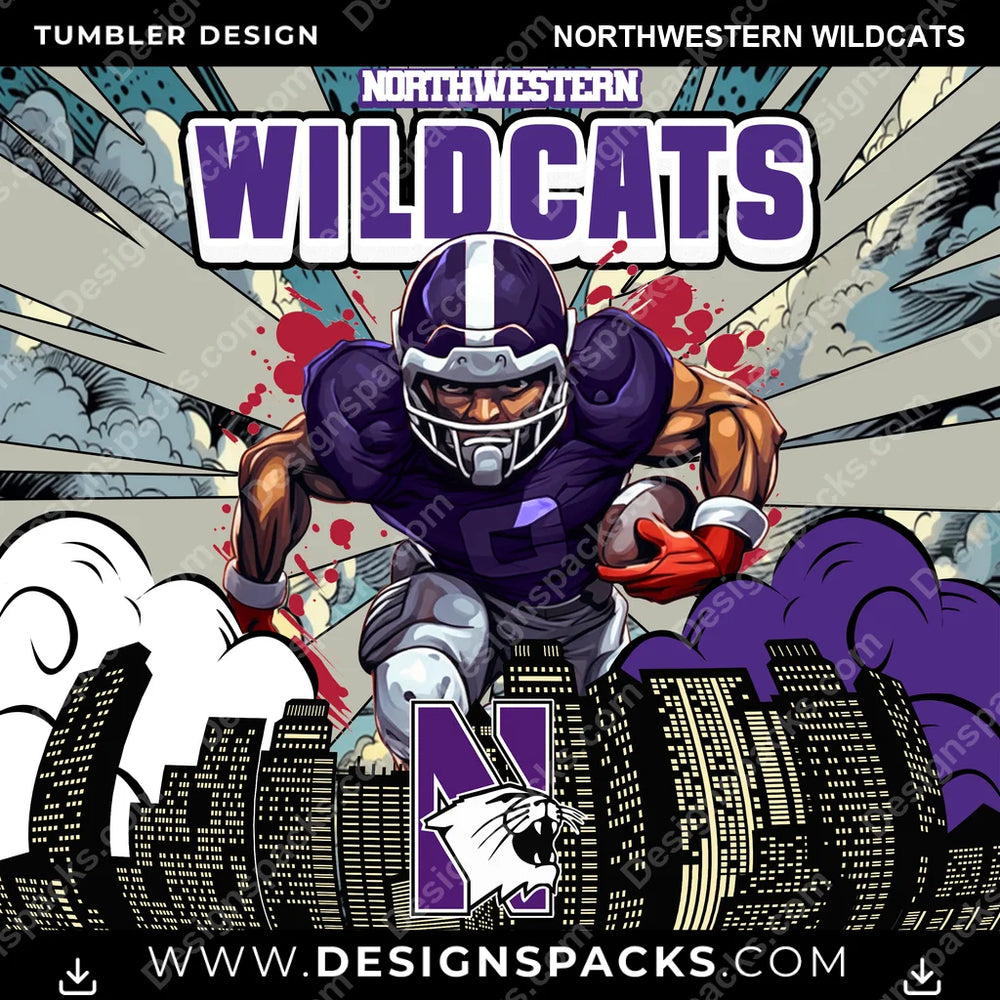 College Sport Comic Cover Northwestern Wildcats NCAA College Sport Tumbler Digital Wrap Design Download