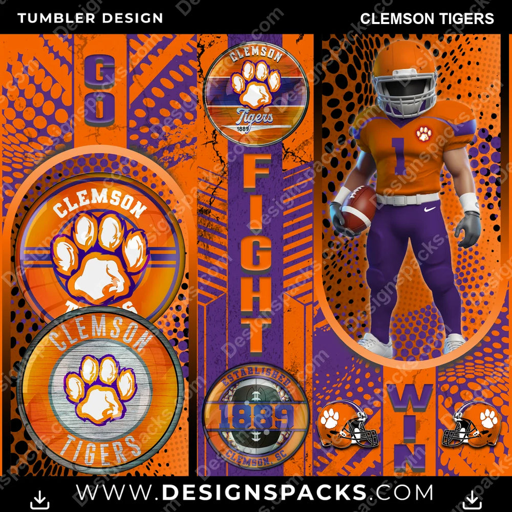 College Sport Go Fight Win Clemson Tigers NCAA College Sport Tumbler Digital Wrap Design Download