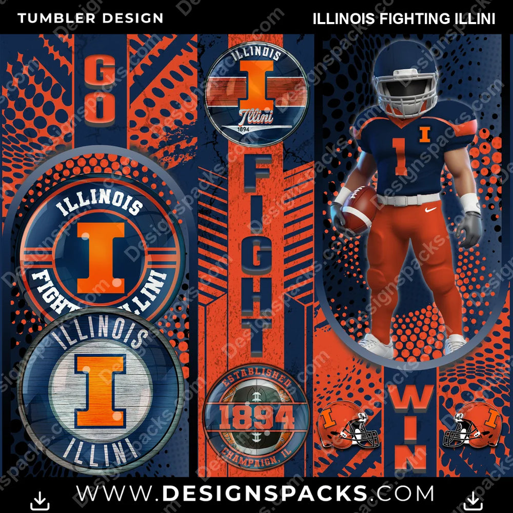 College Sport Go Fight Win Illinois Fighting Illini NCAA College Sport Tumbler Digital Wrap Design Download