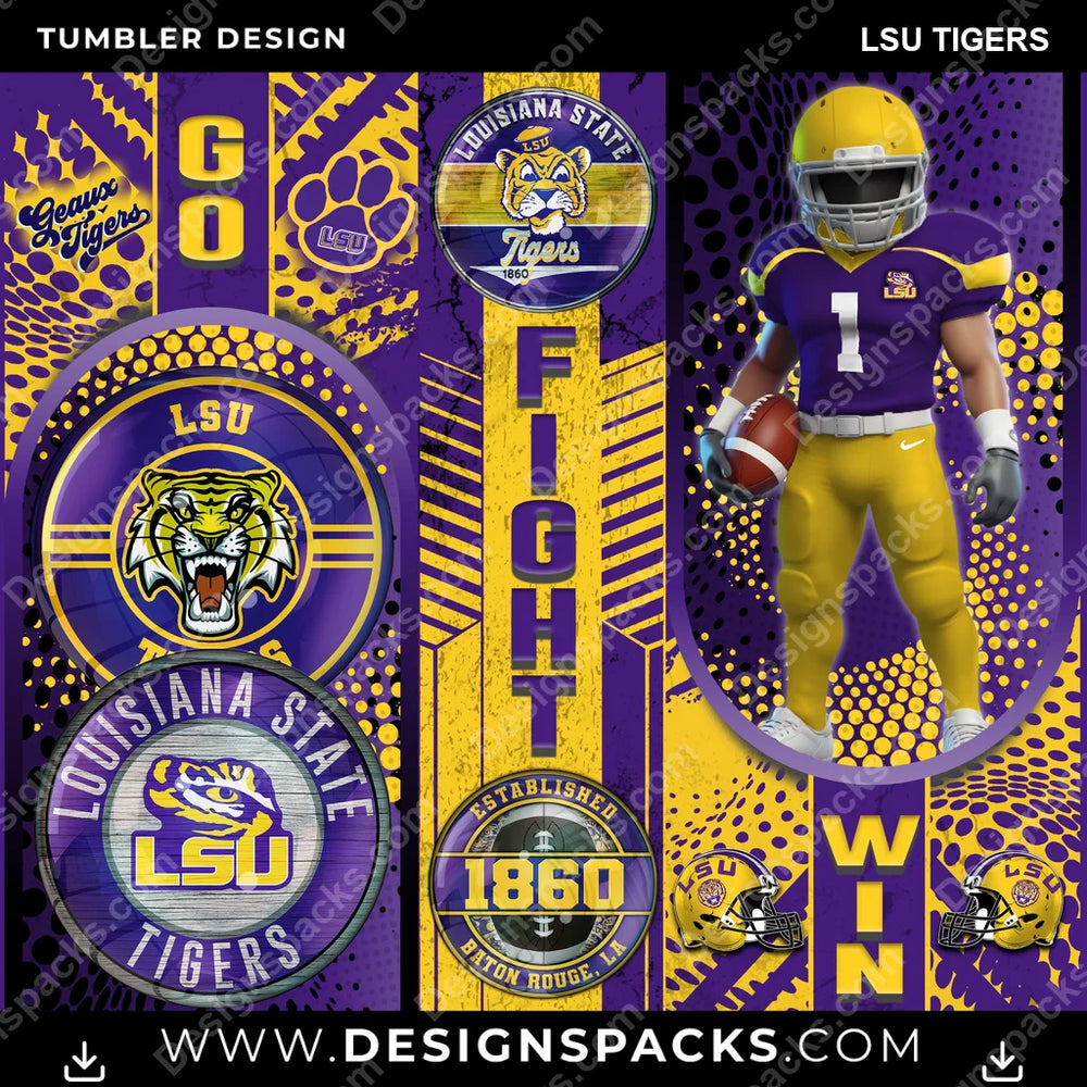 College Sport Go Fight Win LSU Tigers NCAA College Sport Tumbler Digital Wrap Design Download