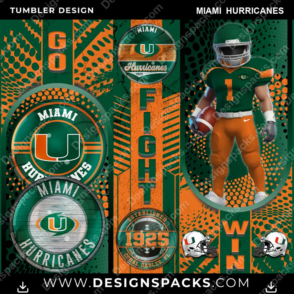 College Sport Go Fight Win Miami Hurricanes NCAA College Sport Tumbler Digital Wrap Design Download